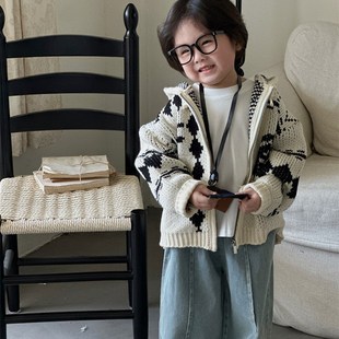 外套 拉链百搭带帽上衣儿童洋气针织开衫 童毛衣2024秋款 男女童韩版