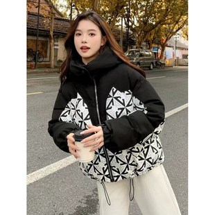 冬季新款时尚拼接加厚外套印花立领女生羽绒棉服外出高级感棉衣女