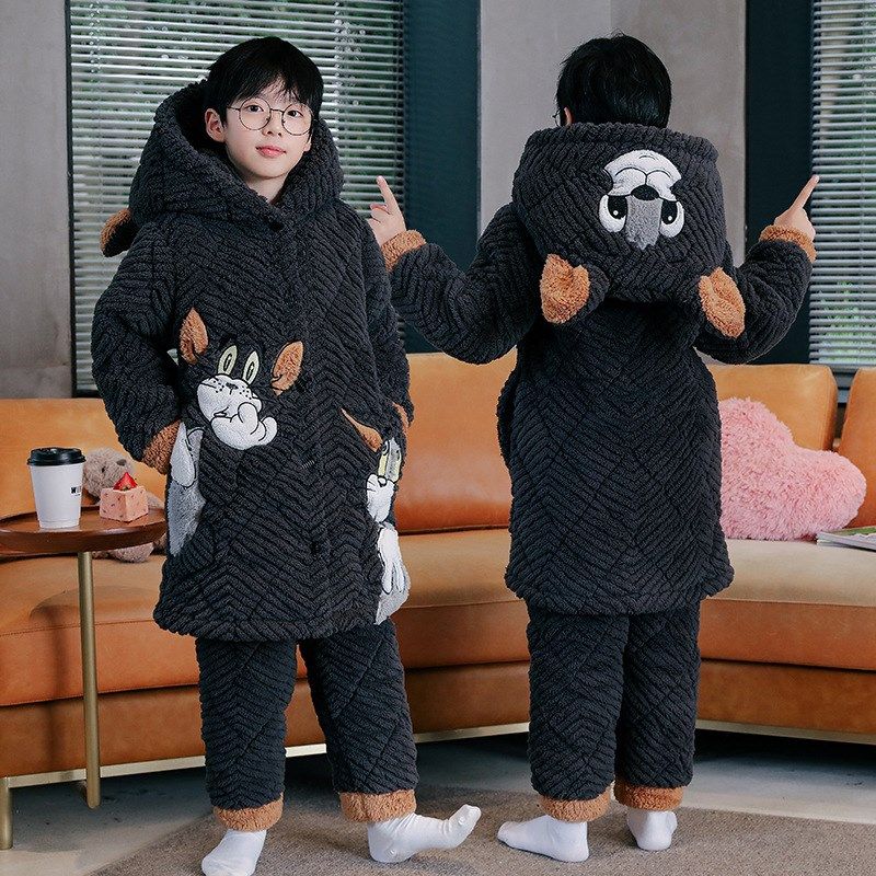 冬季加厚三层夹棉儿童法兰绒睡衣男童中长款睡袍男孩珊瑚绒家居服