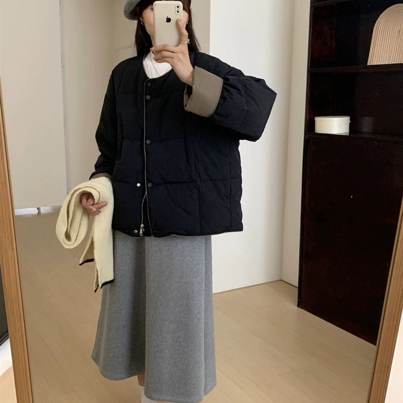 小个子羽绒服女短款2024冬季新款圆领拼色保暖方格子面包服