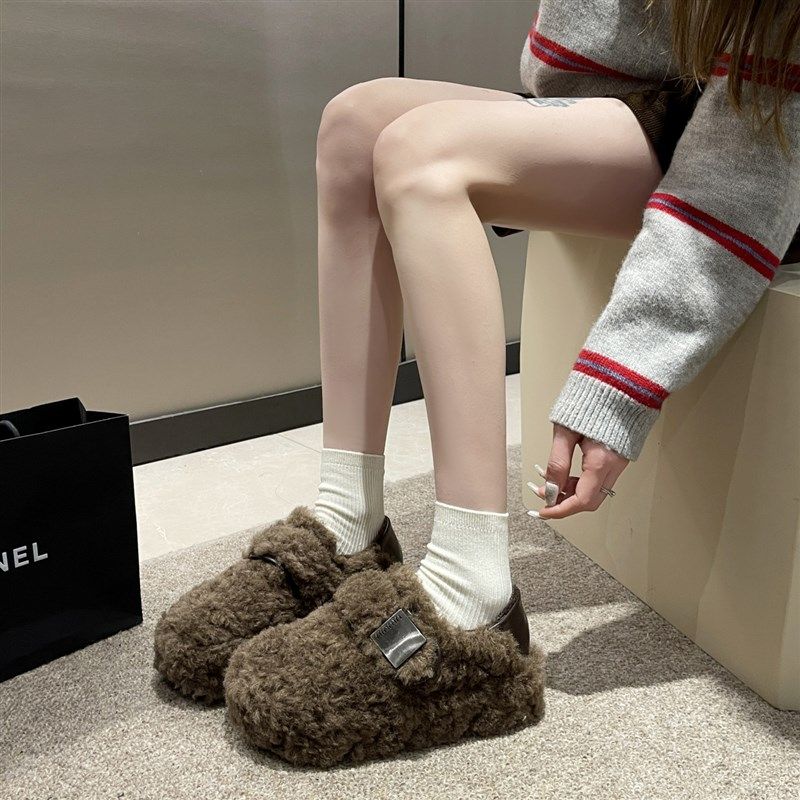 羊羔休闲高级感毛毛鞋子女2024秋冬季新款外穿厚底一脚蹬豆豆棉鞋,居家布艺,居家棉拖/棉鞋,淘宝优惠券,粉丝福利购,淘宝优惠卷