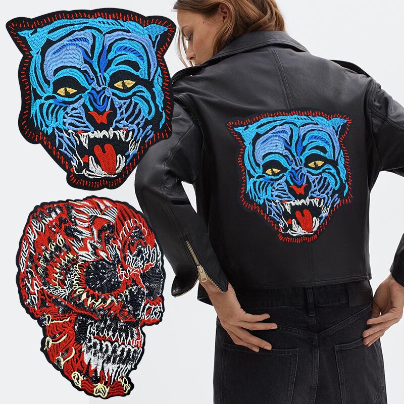 时尚刺绣新品蓝色老虎头骷髅图案布贴衣服装饰羽绒服diy破洞补丁