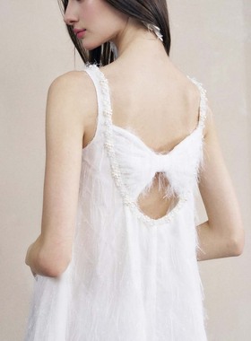 Mon Mystere时尚白色流苏水晶连衣裙小众百搭度假设计师品牌