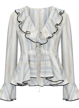 MON MYSTERE春夏新款蓝色条纹荷叶边系带衬衫上衣女气质优雅