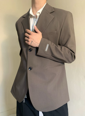 高级设计感复古休闲西装外套男女中性风韩版痞帅咖啡色垫肩小西服