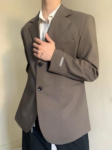 高级设计感复古休闲西装外套男女中性风韩版痞帅咖啡色垫肩小西服