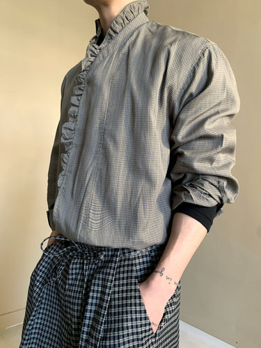 法式优雅花边格子复古宫廷风衬衫男女叠穿轻奢氛围感衬衣长袖上衣