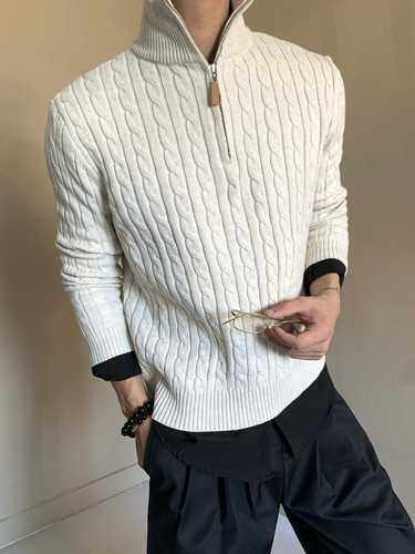 复古优雅老钱风半高领拉链设计毛衣男慵懒风修身麻花针织衫上衣潮