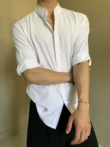 新中式立领纯色短袖衬衫男女夏季冰丝垂坠高级感轻熟风五分袖衬衣