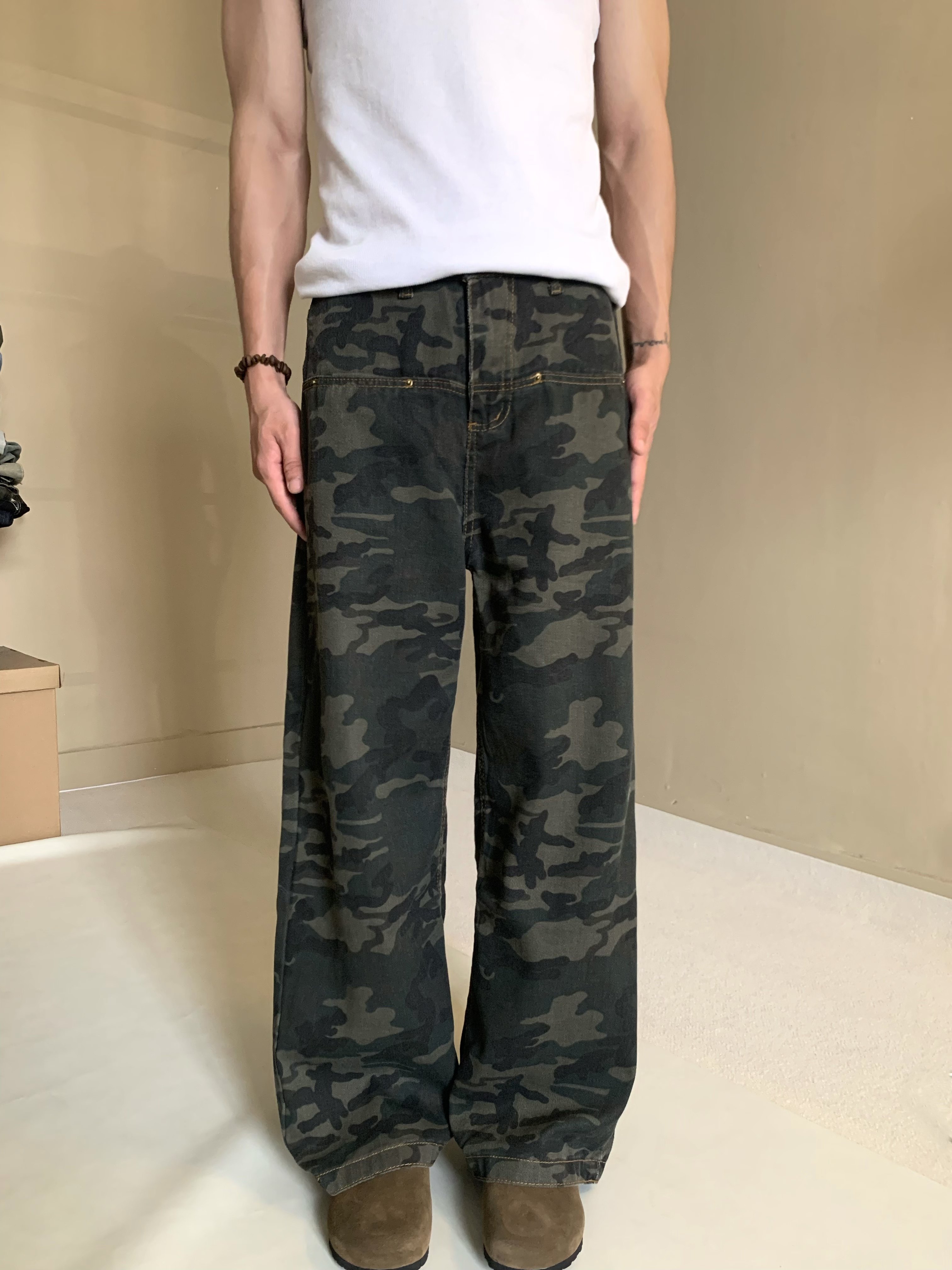 美式复古直筒小众迷彩牛仔裤男女宽松设计感做旧阔腿工装裤子ins