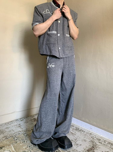 宫廷小香风高级感垫肩短袖夹克外套男珍珠装饰长裤夜场轻奢套装潮