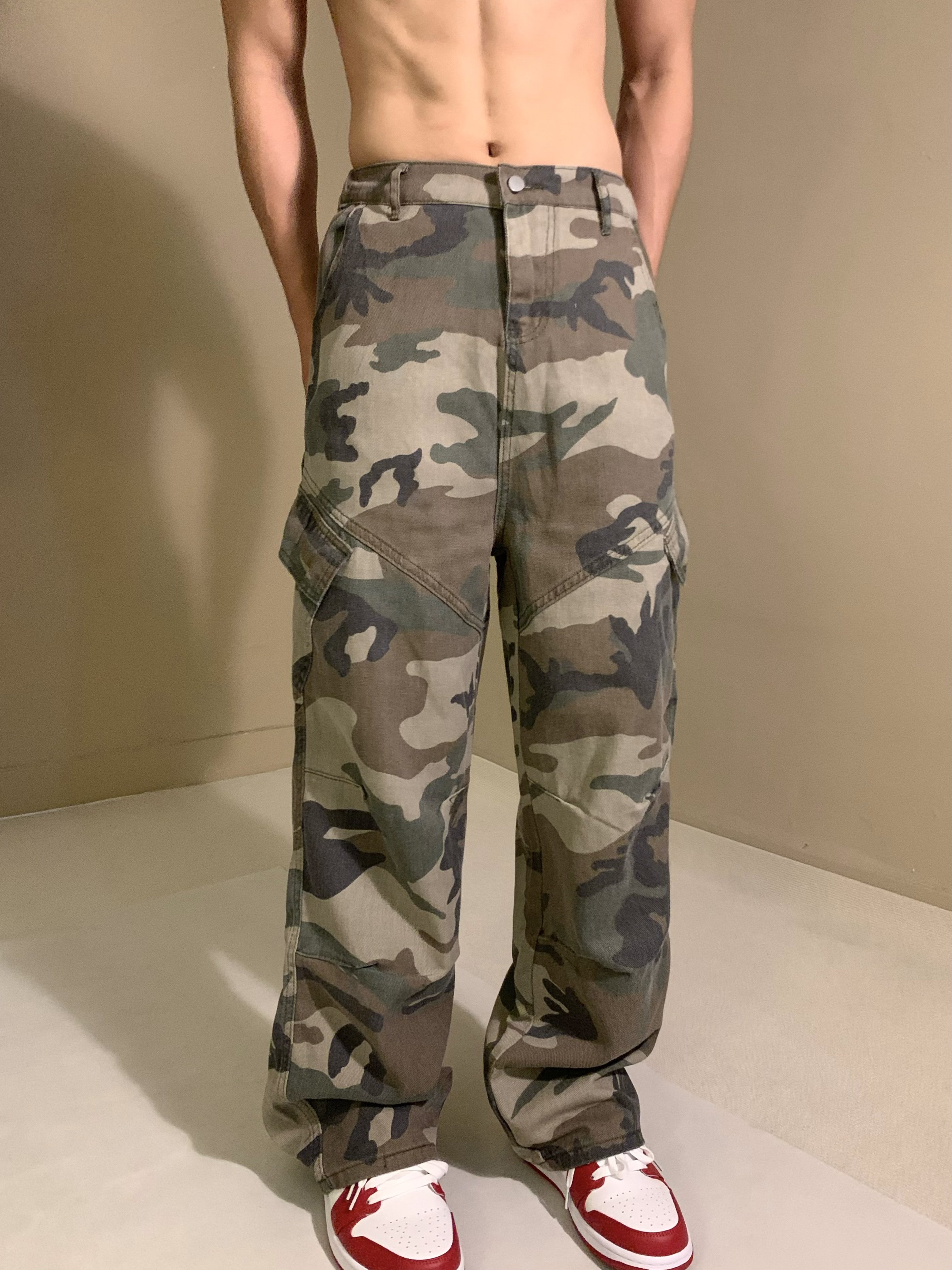 美式迷彩工装裤男宽松直筒hiphop裤子男高街vibe微喇叭裤休闲长裤