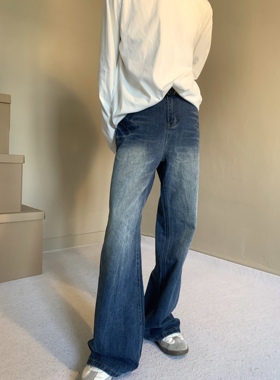 美式复古闪电爆裂纹牛仔裤重水洗直筒微喇做旧微喇裤男cleanfit潮