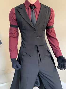 休闲宫廷风西装长马甲修身收腰戗驳领长款燕尾礼服执事贵族感西服