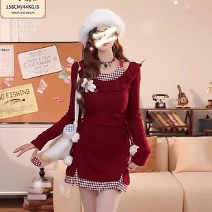 辣妹圣诞红色格子荷叶连衣裙长袖针织冬季新款收腰显瘦短裙裙子