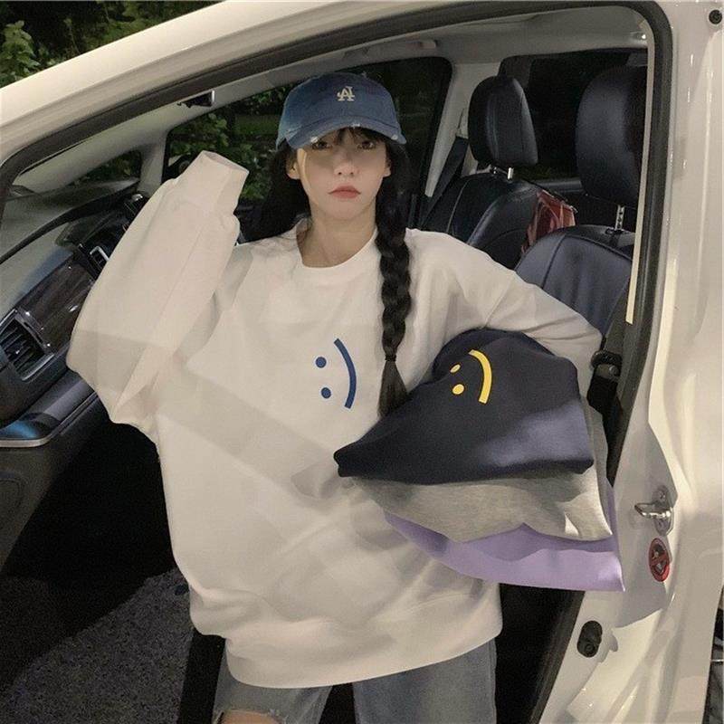 薄款笑脸印花圆领卫衣女秋冬季宽松长袖套头上衣跨境女装外贸