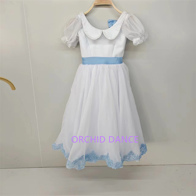 毕业舞会变奏芭蕾舞裙私人定制白色渐变蓝海军领镶钻长纱裙比赛服