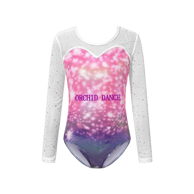 儿童专业体操连体服粉紫拼接长袖舞蹈服团体比赛紧身衣女童练功服