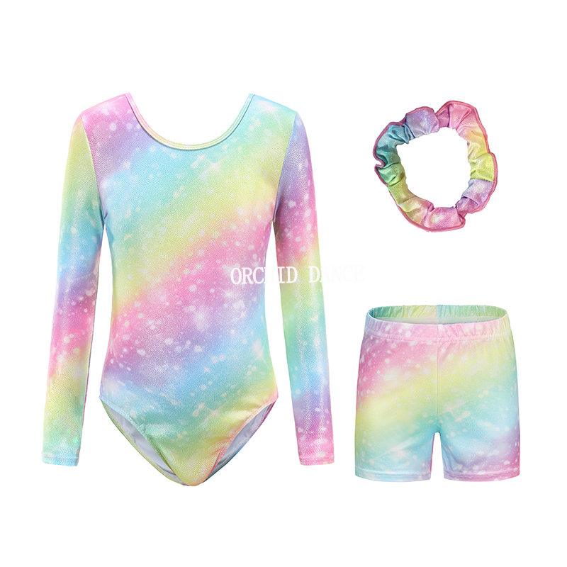 儿童专业艺术体操训练服长袖彩虹烫金女子体操团体比赛服装演出服