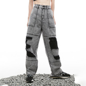 男女同款 inxx sports26年青春流行休闲秋宽松拼接做旧直筒牛仔裤