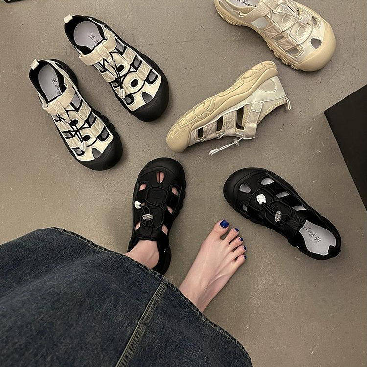 日本代购厚底罗马凉鞋女2024夏季丑萌老爹鞋爆款休闲洞洞鞋