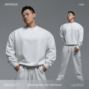 撕裂组织秋冬美式重磅宽松圆领廓形短宽箱式显宽大套头加绒冬卫衣