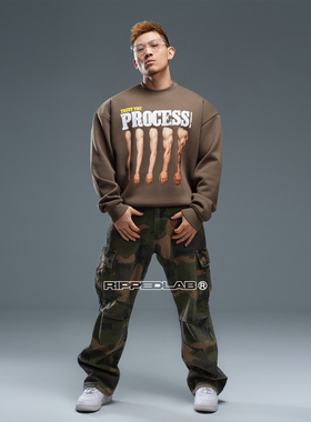 撕裂组织相信过程手臂印花加绒卫衣健身运动训练长袖美式复古宽松