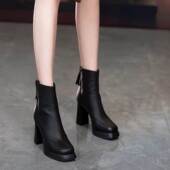 方头高跟防水台厚底马丁靴女2025秋冬新款 粗跟瘦瘦靴气质百搭短靴