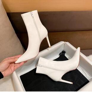 欧美高跟靴女2024年秋冬真皮短靴尖头细跟高跟鞋显瘦配裙子弹力靴