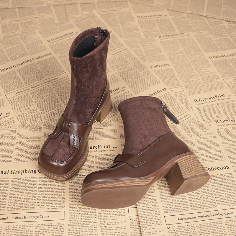 粗跟复古洋气小短靴女2025新款秋冬款高跟女鞋小个子配裙子马丁靴