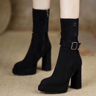 10cm超高跟女鞋2025冬季新款防水台厚底粗跟短靴舒适弹力保暖靴子