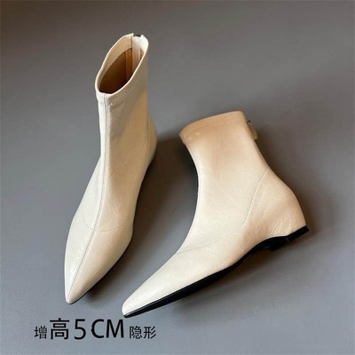 羊皮版~内增高5CM尖头粗跟短靴