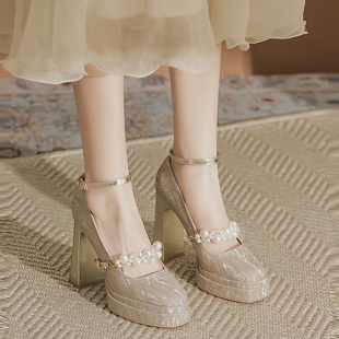 双层防水台水晶鞋婚鞋超高跟新娘鞋一字扣粗跟10cm玛丽珍高跟鞋女