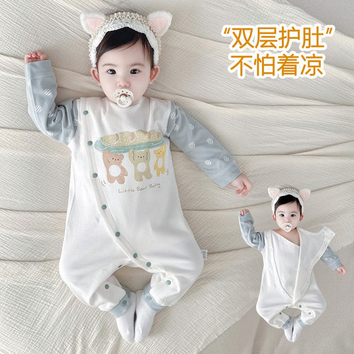 新生婴儿连体衣春秋款纯棉护肚衣服男女宝宝保暖冬季爬服无骨睡衣