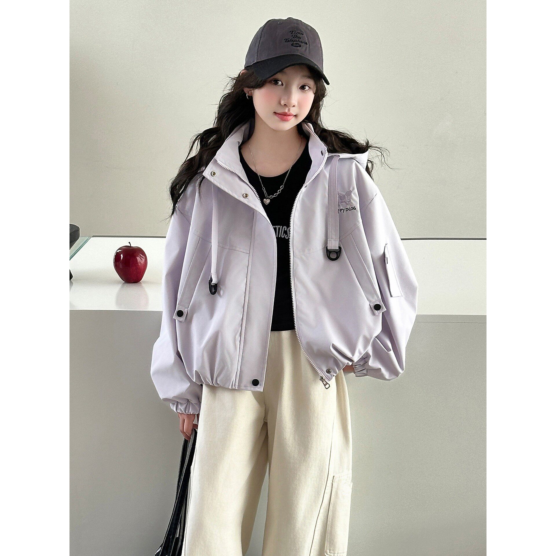 女童连帽外套2026新款休闲风宽松拉链开衫中大童时髦冲锋衣春秋款