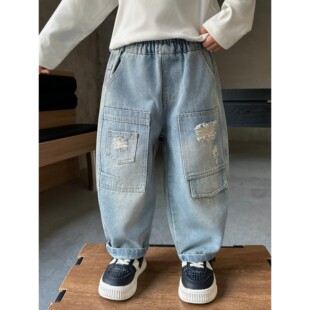 男童春季破洞潮酷牛仔裤2026春秋装新款儿童韩版时尚帅气洋气裤子
