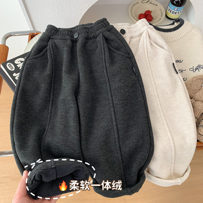 男童加绒柔软裤子秋冬装儿童人字纹英伦风休闲裤中小童一体绒长裤