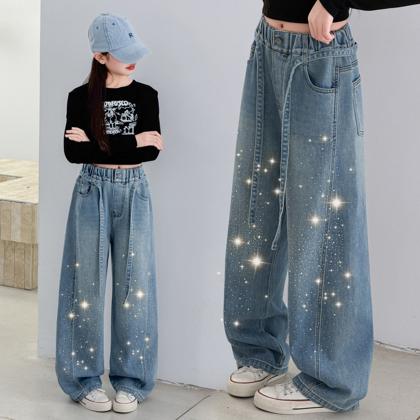 女童烫钻牛仔裤2026新款女大童洋气时髦阔腿裤韩系宽松裤子春秋款