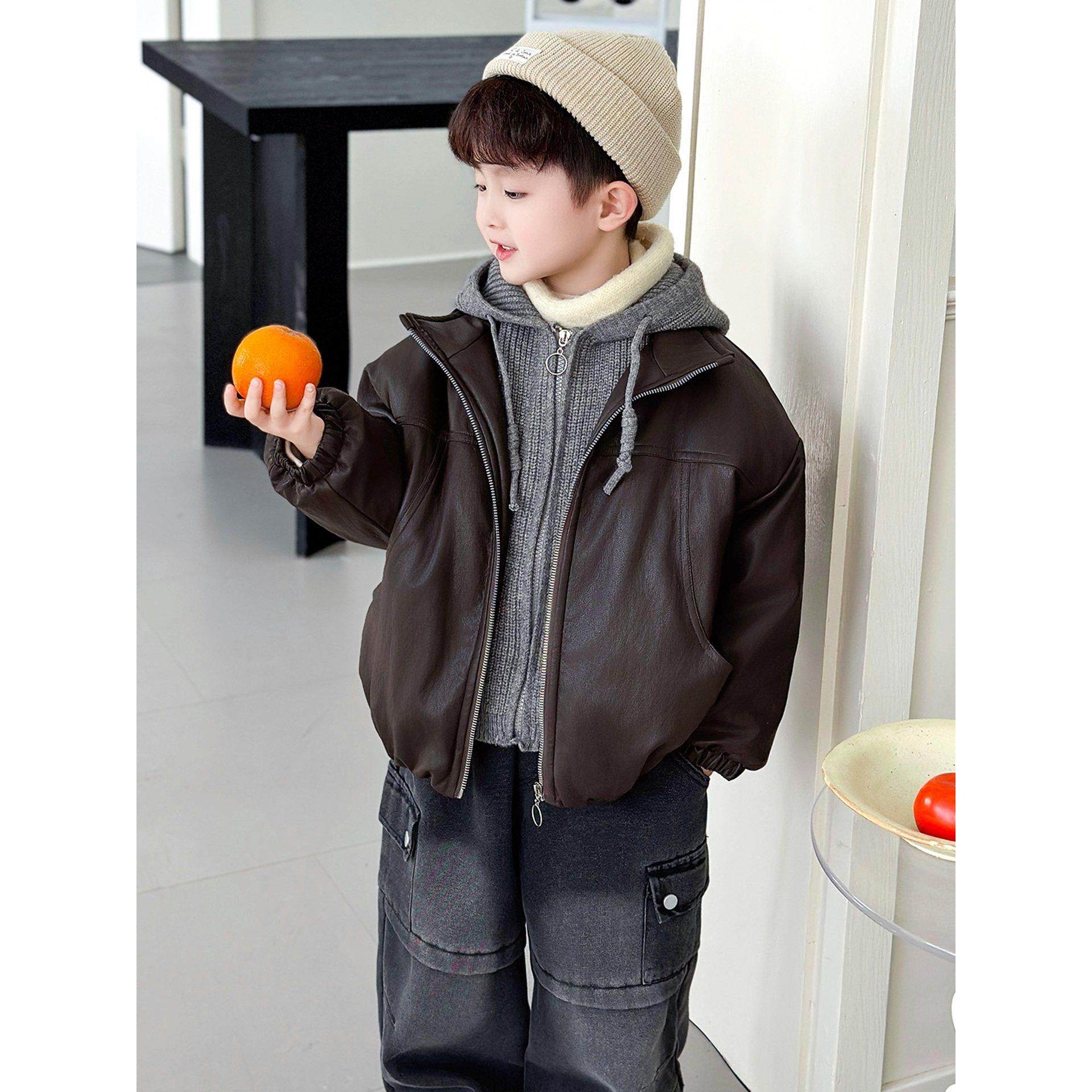 儿童冬装皮衣外套加绒加厚假两件夹克衫2025冬季新款男童痞帅衣服