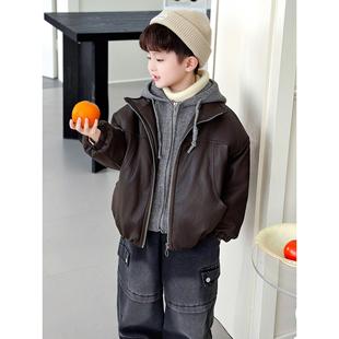 儿童冬装皮衣外套加绒加厚假两件夹克衫2025冬季新款男童痞帅衣服