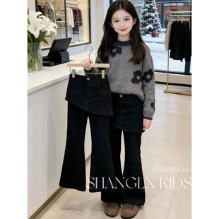 女童黑色牛仔裤加绒冬2025新款儿童女孩大童加厚裤子初中生冬装潮