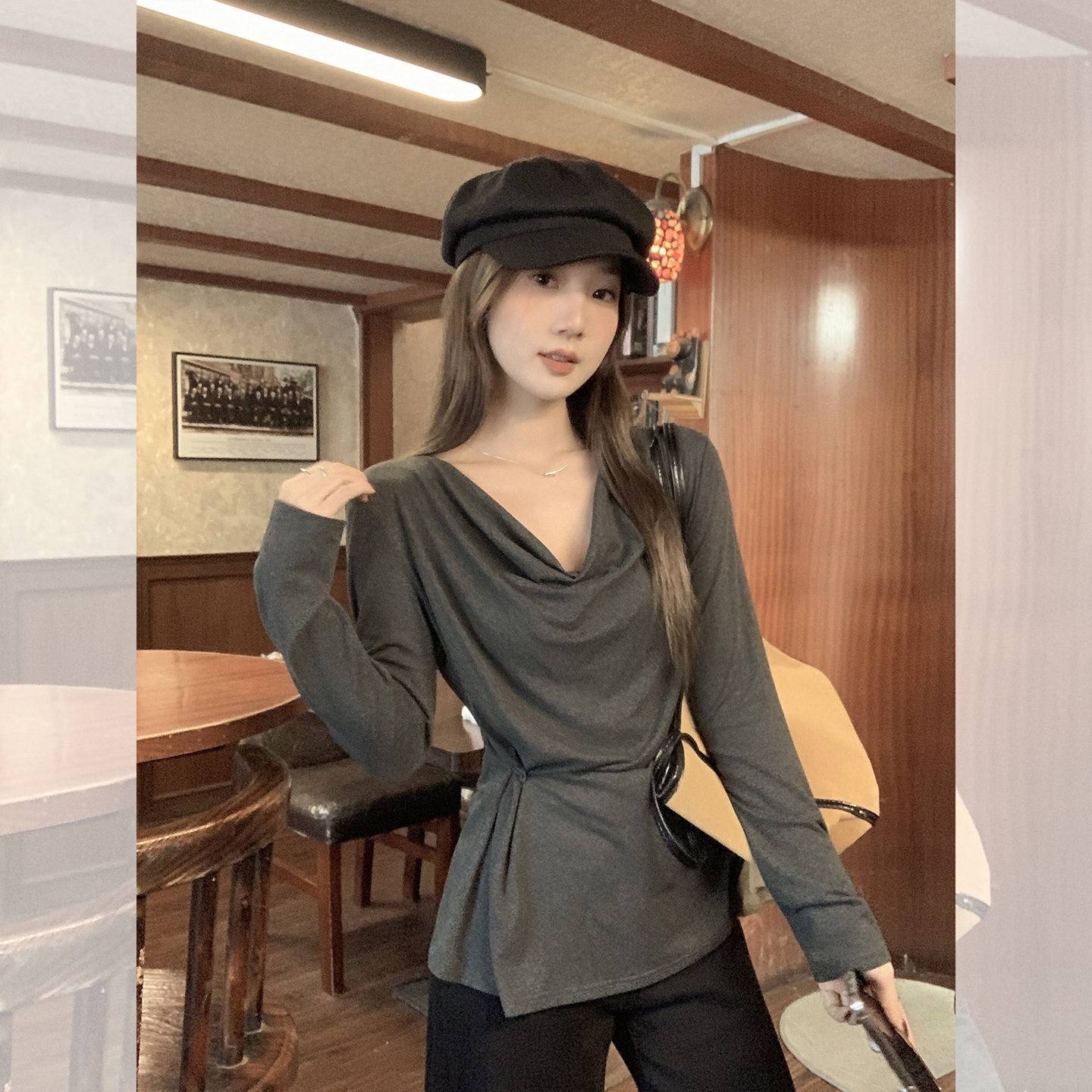 灰色慵懒风褶皱露肩一字领宽松纯色长袖T恤新款韩版秋日女装上衣