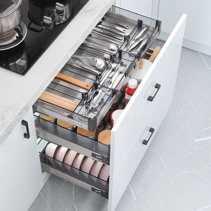 拉篮厨房橱柜304不锈钢双层抽屉式碗碟篮抽屉置物架调味拉篮阻尼