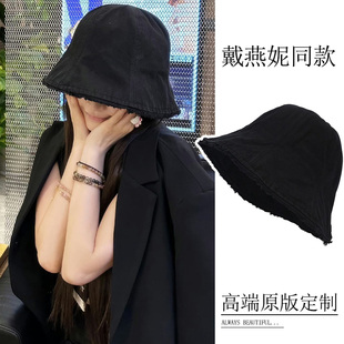戴燕妮同款渔夫帽秋冬新款百搭大头围显脸小水桶帽子黑色毛边盆帽