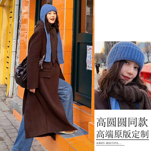 高圆圆同款毛线帽秋冬保暖护耳蓝色针织飞行帽围巾帽子一体绑带帽