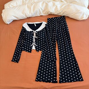 法式复古风波点睡衣女春秋季莫代尔棉带胸垫长袖可外穿家居服套装