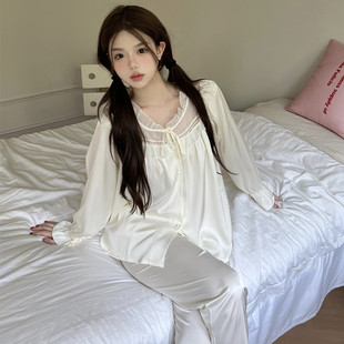 轻奢风甜美冰雪丝绸缎睡衣女春秋季长袖蕾丝系带高级感家居服套装