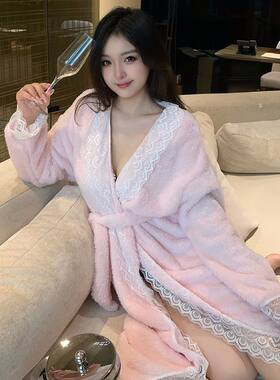 秋冬加厚长毛绒女睡袍可外穿