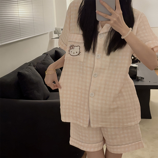 纯棉纱布睡衣女夏季薄款开衫卡通可爱风短袖短裤可外穿家居服套装