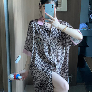 豹纹KT猫男友风衬衫睡裙女夏季高级感冰雪丝短袖可外穿睡衣家居服